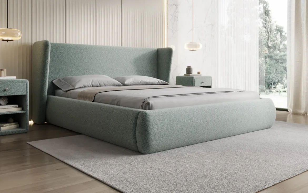Designer Polsterbett Rosalie in Strukturstoff mit Stauraum