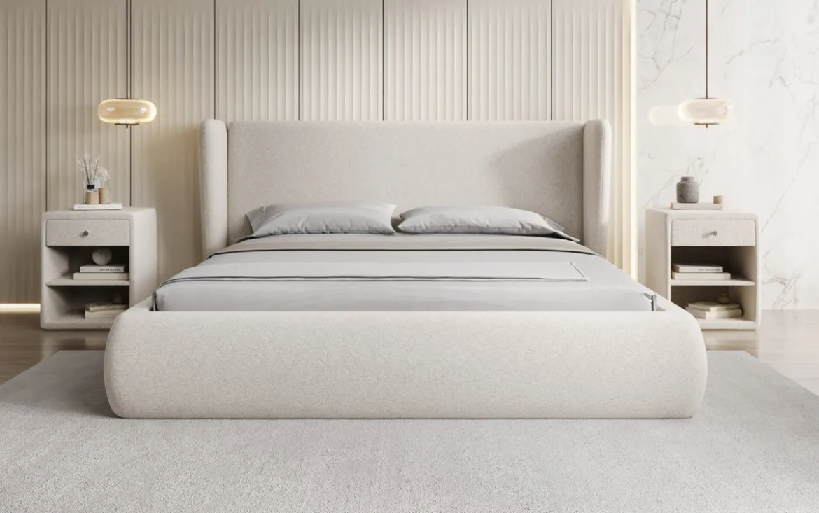 Designer Polsterbett Rosalie in Strukturstoff mit Stauraum