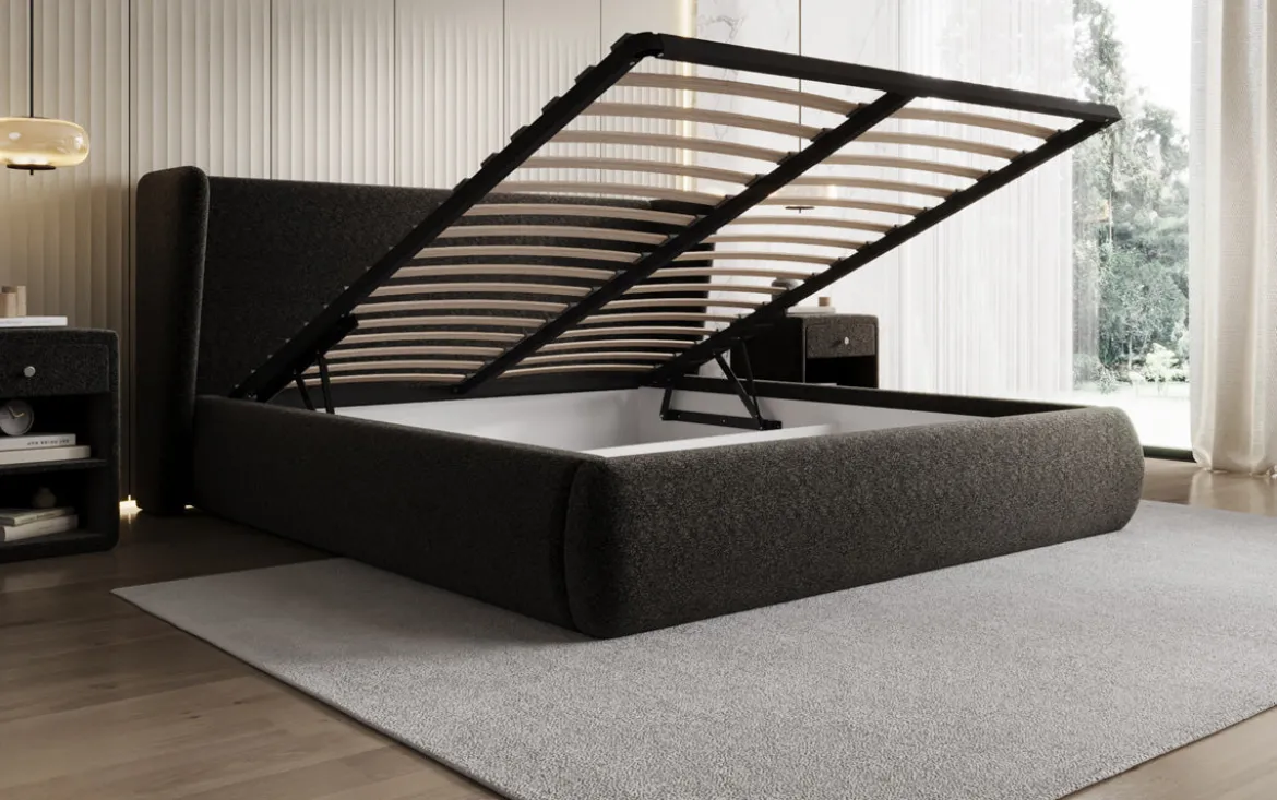 Designer Polsterbett Rosalie in Strukturstoff mit Stauraum