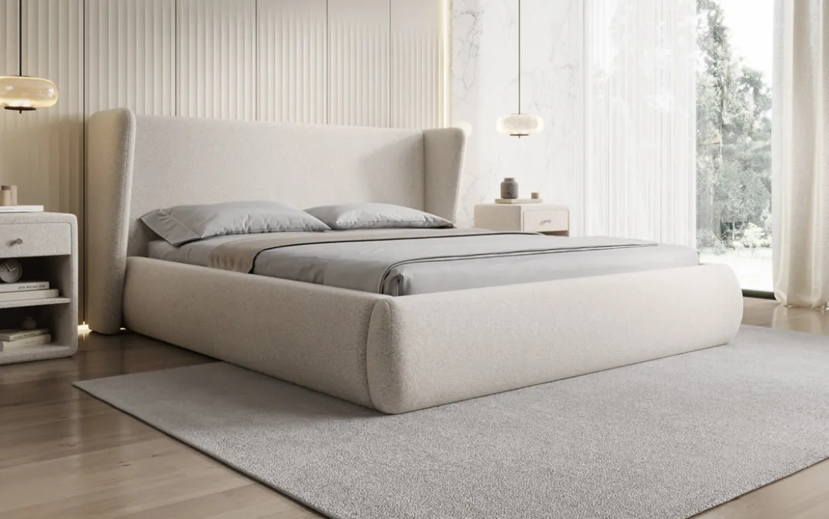 Designer Polsterbett Rosalie in Strukturstoff mit Stauraum