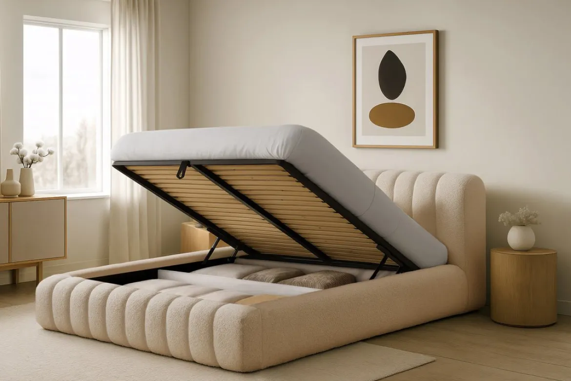 Designer Polsterbett Selene Bouclé mit Stauraum