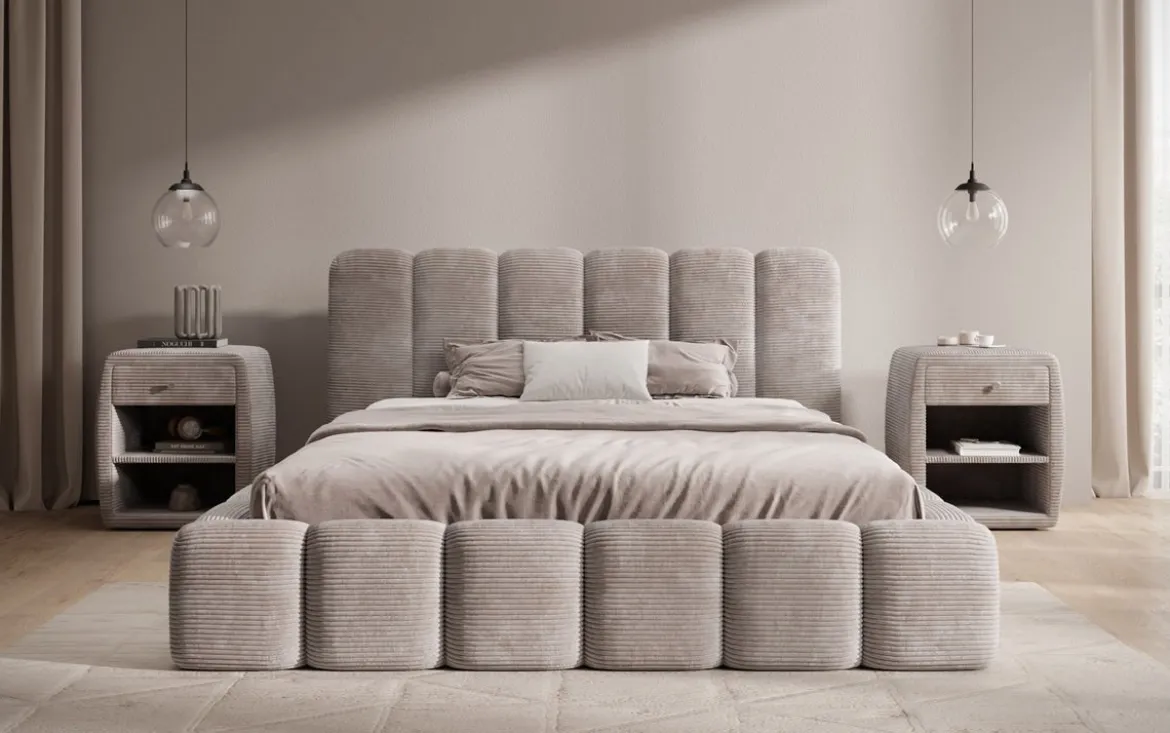 Designer Polsterbett Tevara in Cord mit Stauraum