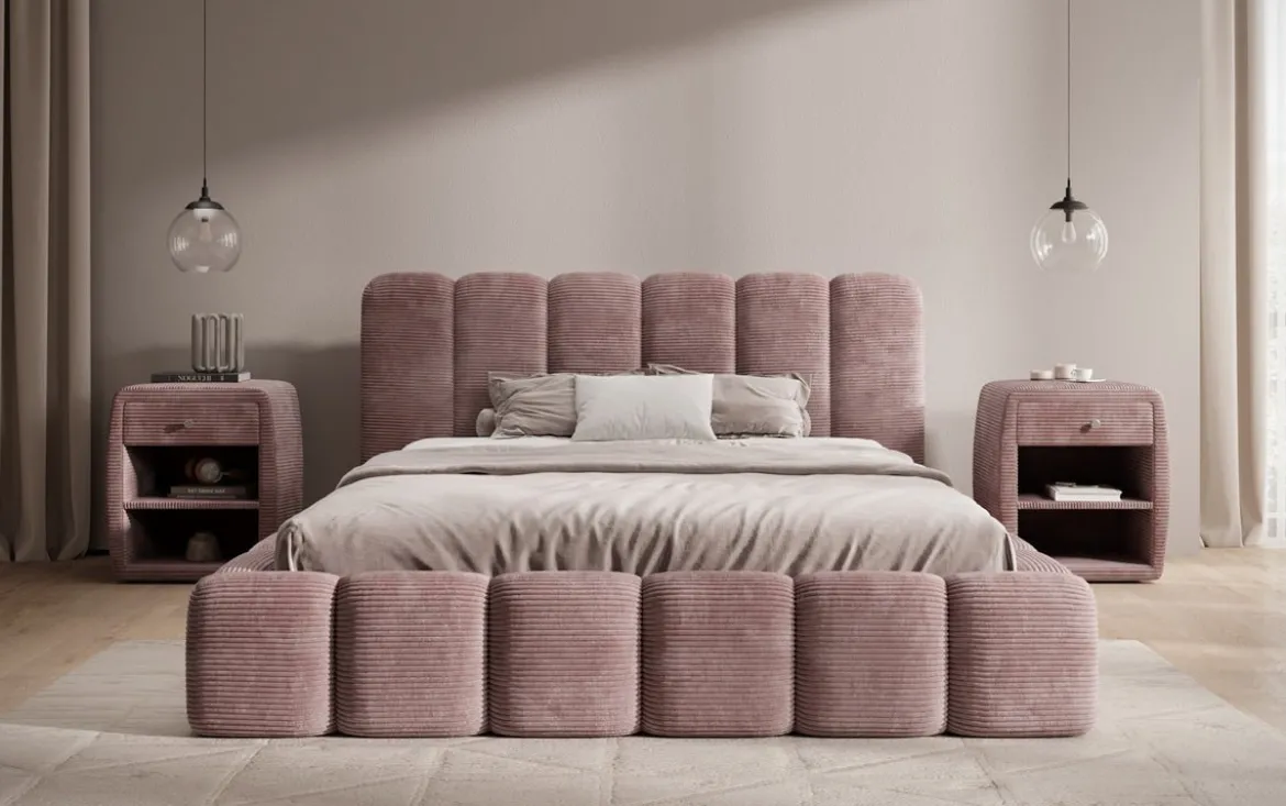 Designer Polsterbett Tevara in Cord mit Stauraum