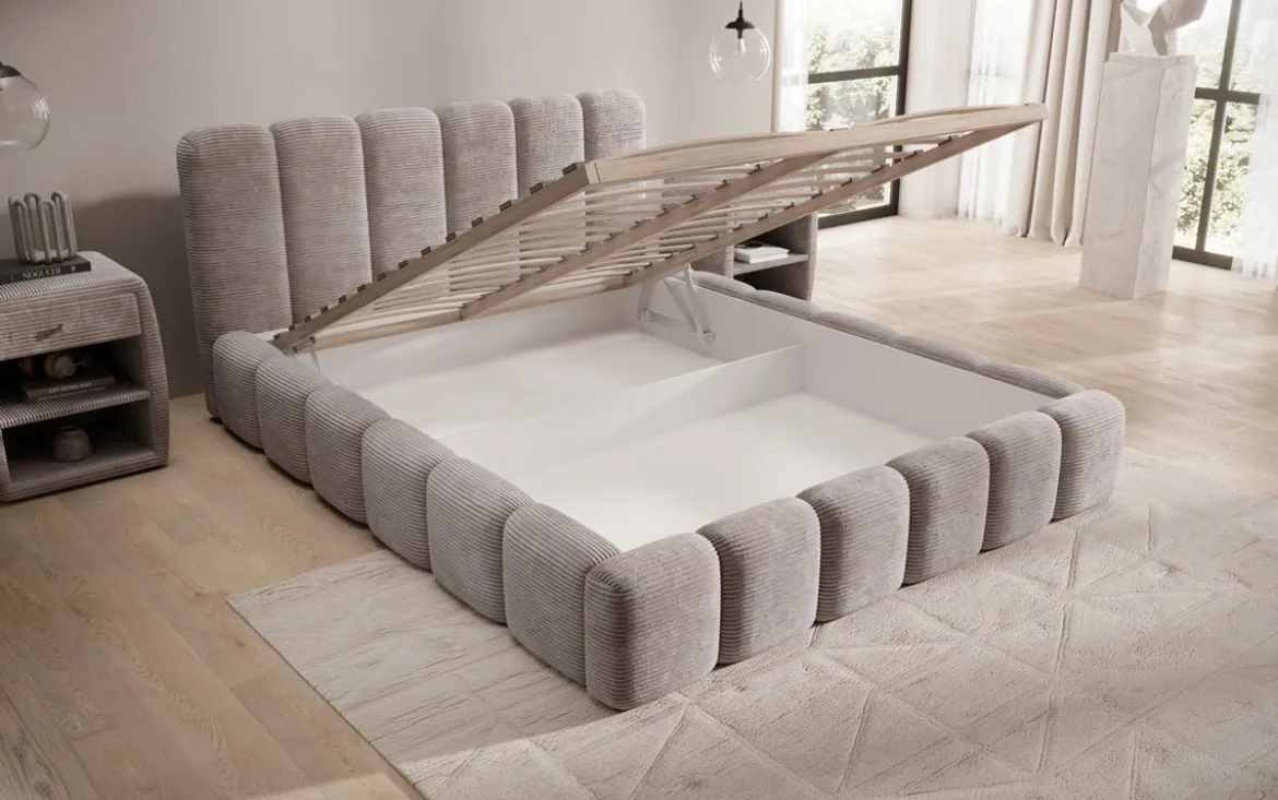 Designer Polsterbett Tevara in Cord mit Stauraum