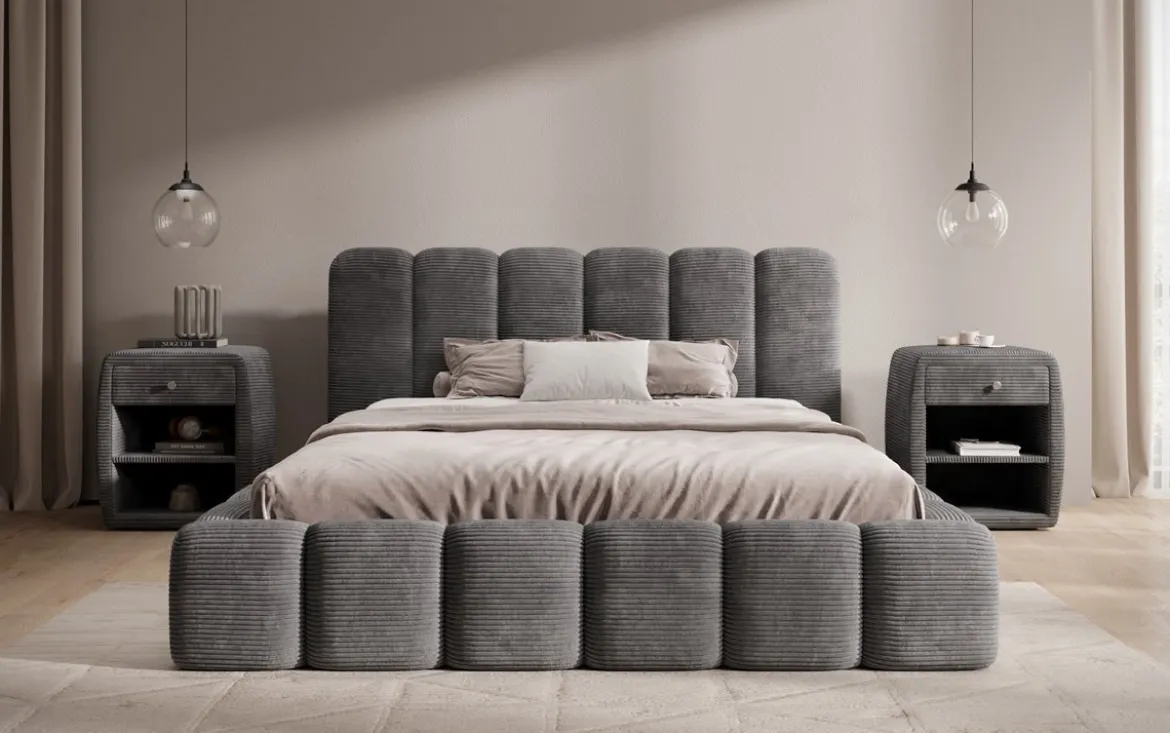 Designer Polsterbett Tevara in Cord mit Stauraum