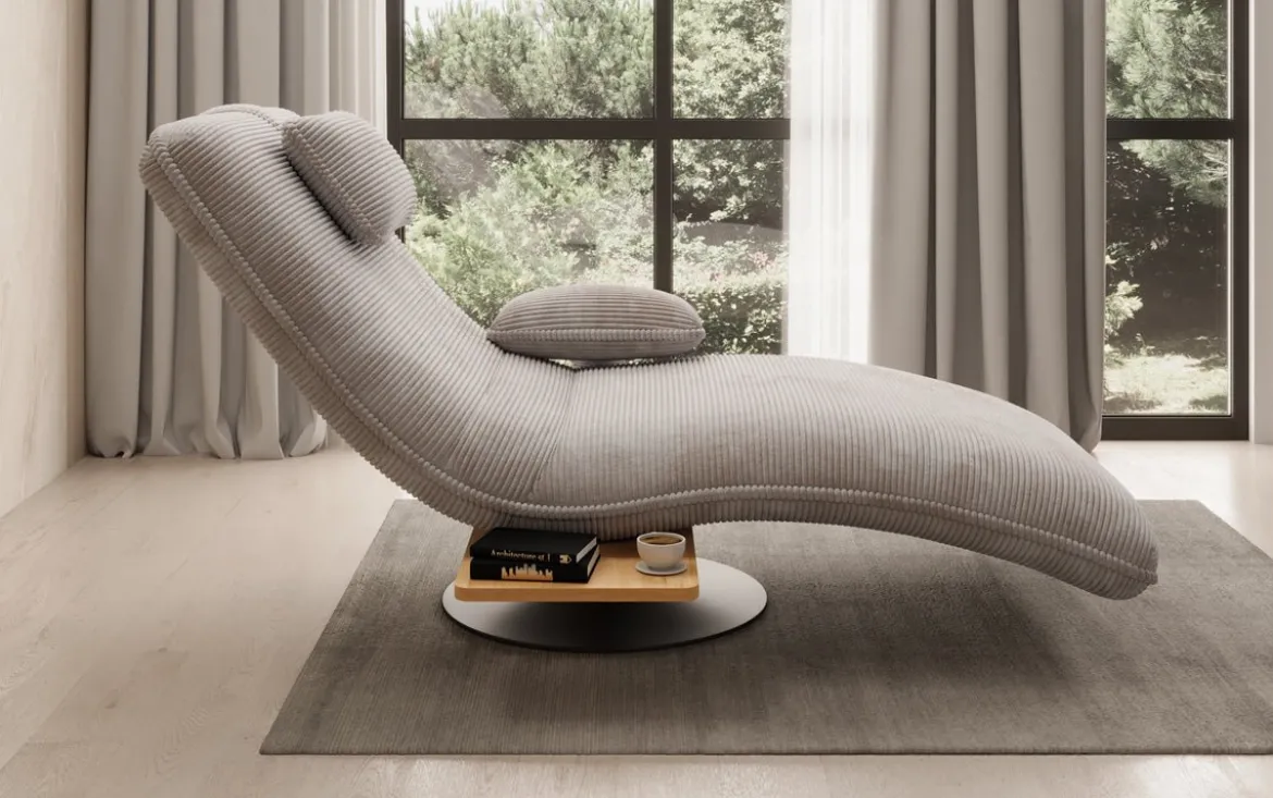 Designer Relax-Liege Velor Cord mit Drehfunktion und Beistelltisch