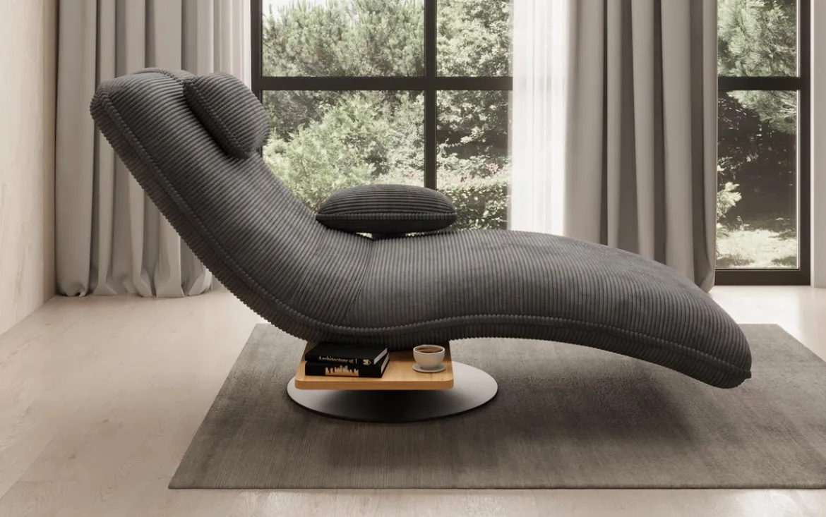 Designer Relax-Liege Velor Cord mit Drehfunktion und Beistelltisch
