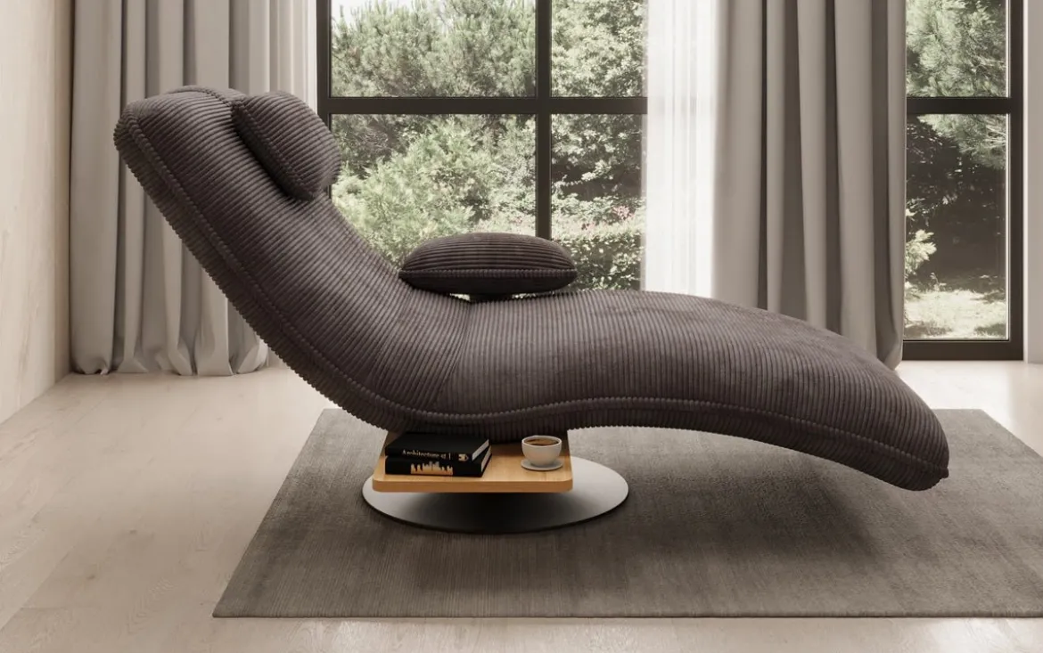 Designer Relax-Liege Velor Cord mit Drehfunktion und Beistelltisch