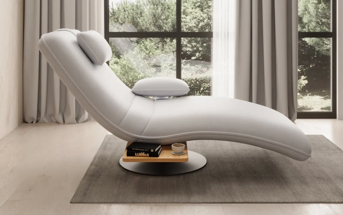 Designer Relax-Liege Velor Echtleder mit Drehfunktion und Beistelltisch