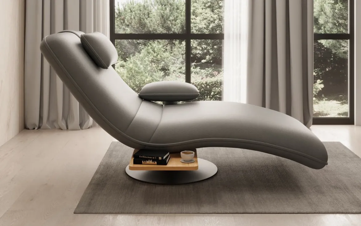 Designer Relax-Liege Velor Echtleder mit Drehfunktion und Beistelltisch