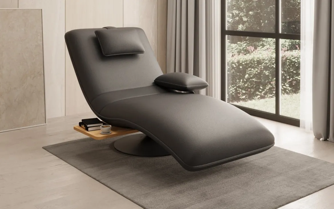 Designer Relax-Liege Velor Echtleder mit Drehfunktion und Beistelltisch