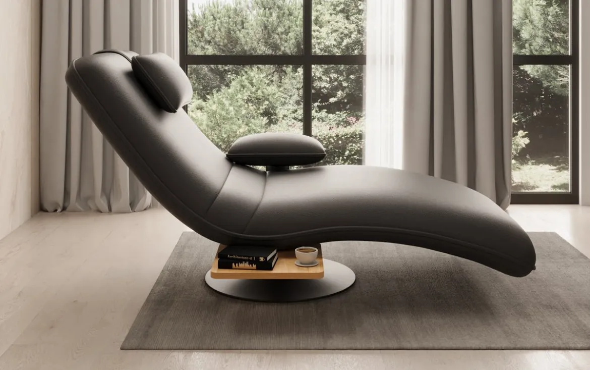 Designer Relax-Liege Velor Echtleder mit Drehfunktion und Beistelltisch