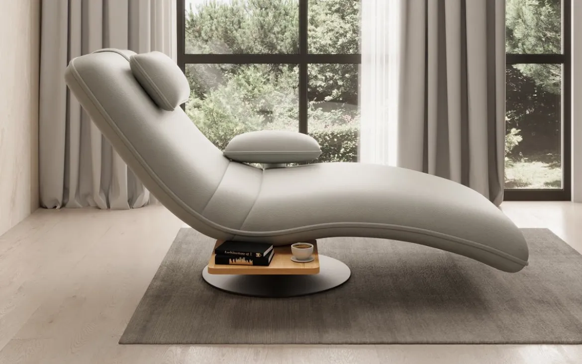 Designer Relax-Liege Velor Echtleder mit Drehfunktion und Beistelltisch