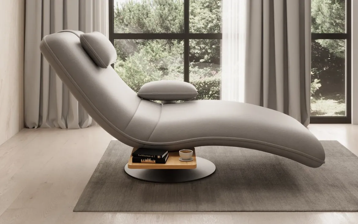 Designer Relax-Liege Velor Echtleder mit Drehfunktion und Beistelltisch