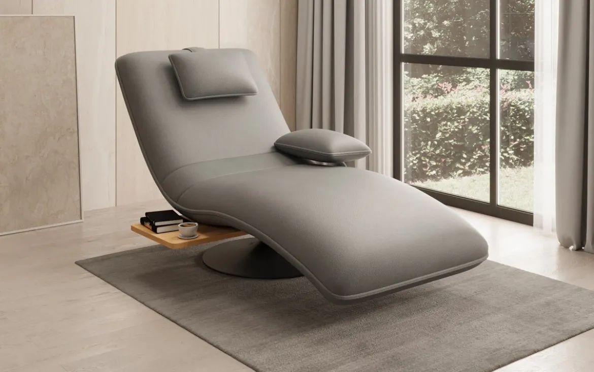 Designer Relax-Liege Velor Echtleder mit Drehfunktion und Beistelltisch