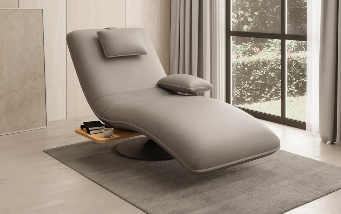 Designer Relax-Liege Velor Echtleder mit Drehfunktion und Beistelltisch