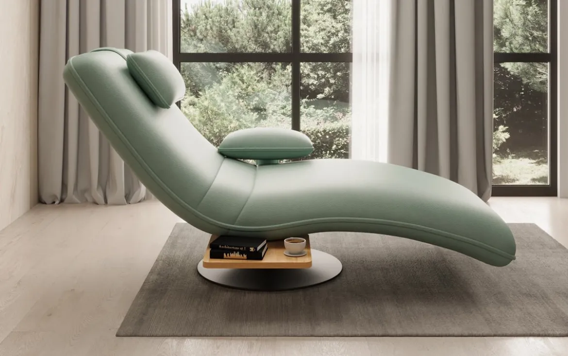 Designer Relax-Liege Velor Echtleder mit Drehfunktion und Beistelltisch