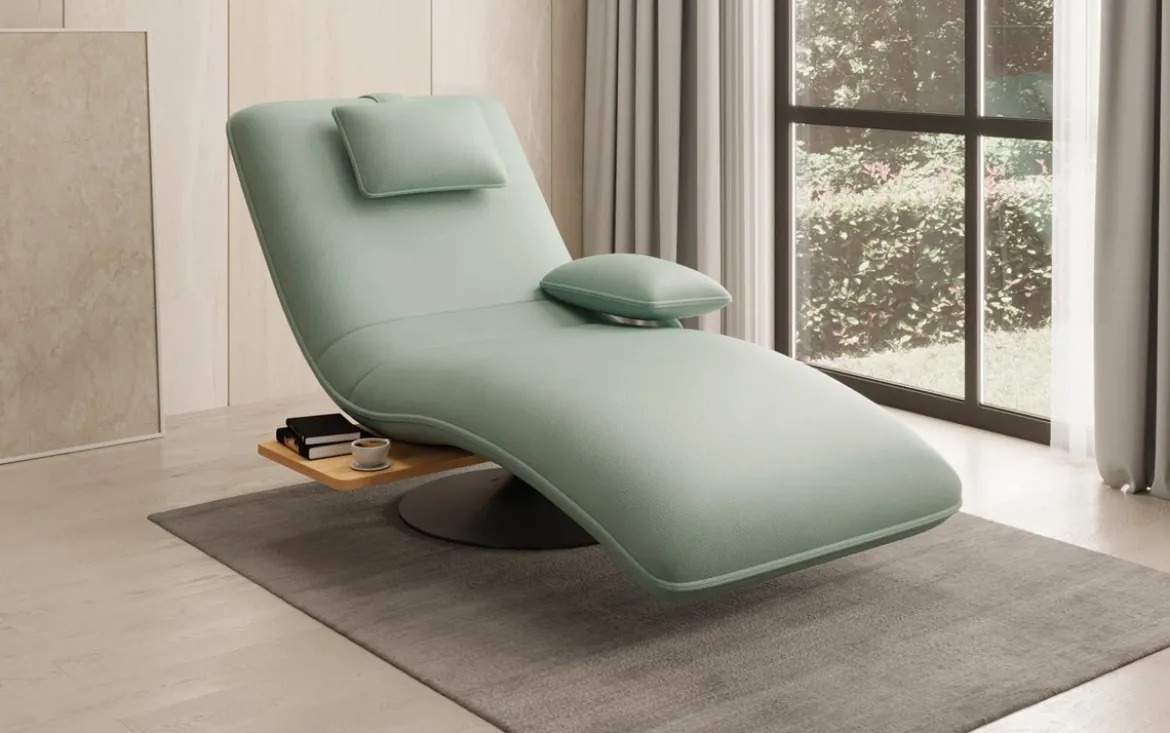 Designer Relax-Liege Velor Echtleder mit Drehfunktion und Beistelltisch