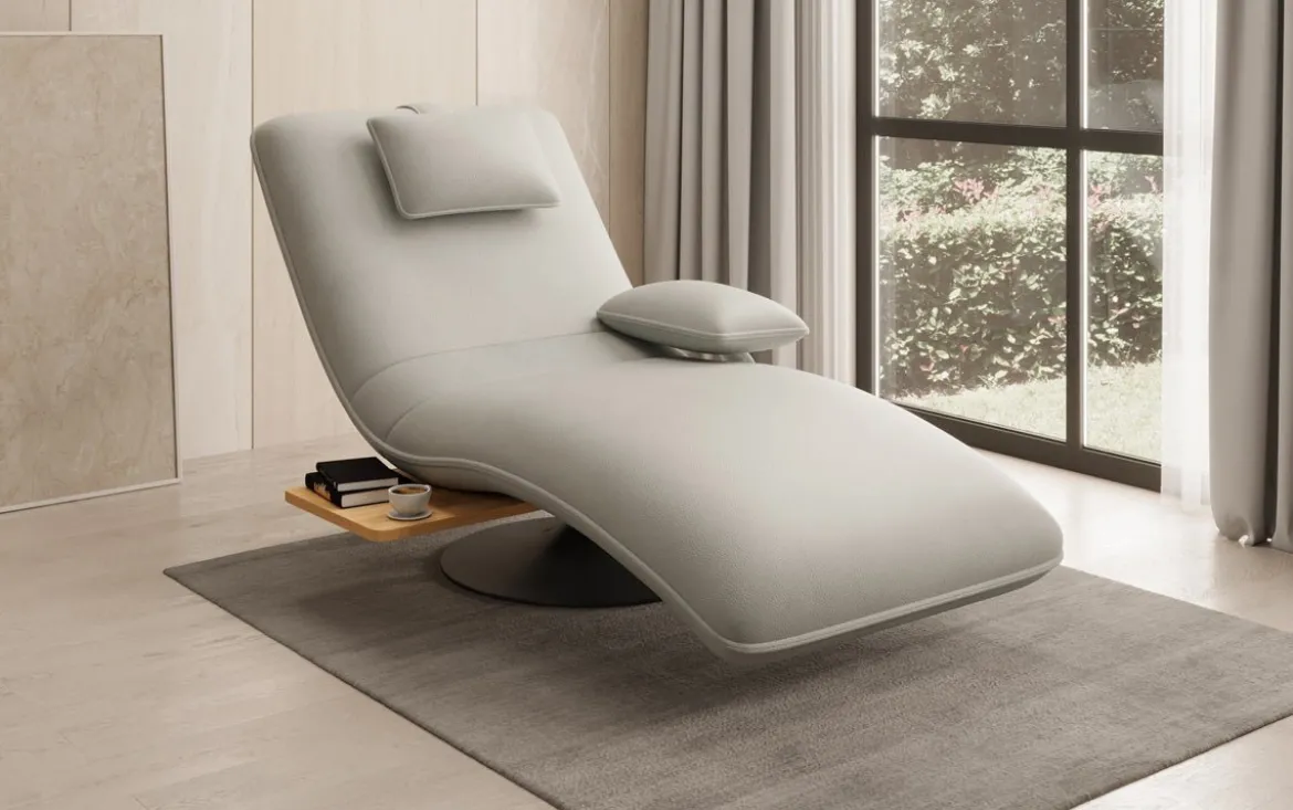 Designer Relax-Liege Velor Echtleder mit Drehfunktion und Beistelltisch