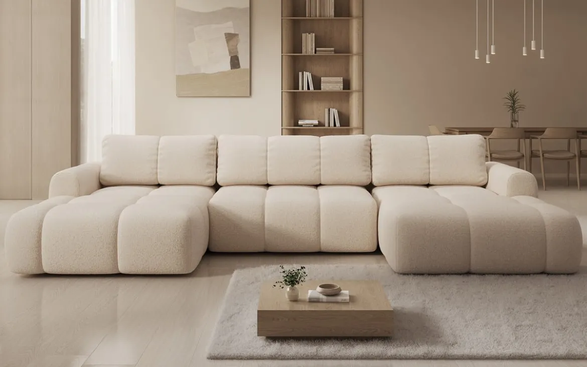 Designer Sofa Analfi U mit Schlaf- und Klappfunktion in Bouclé