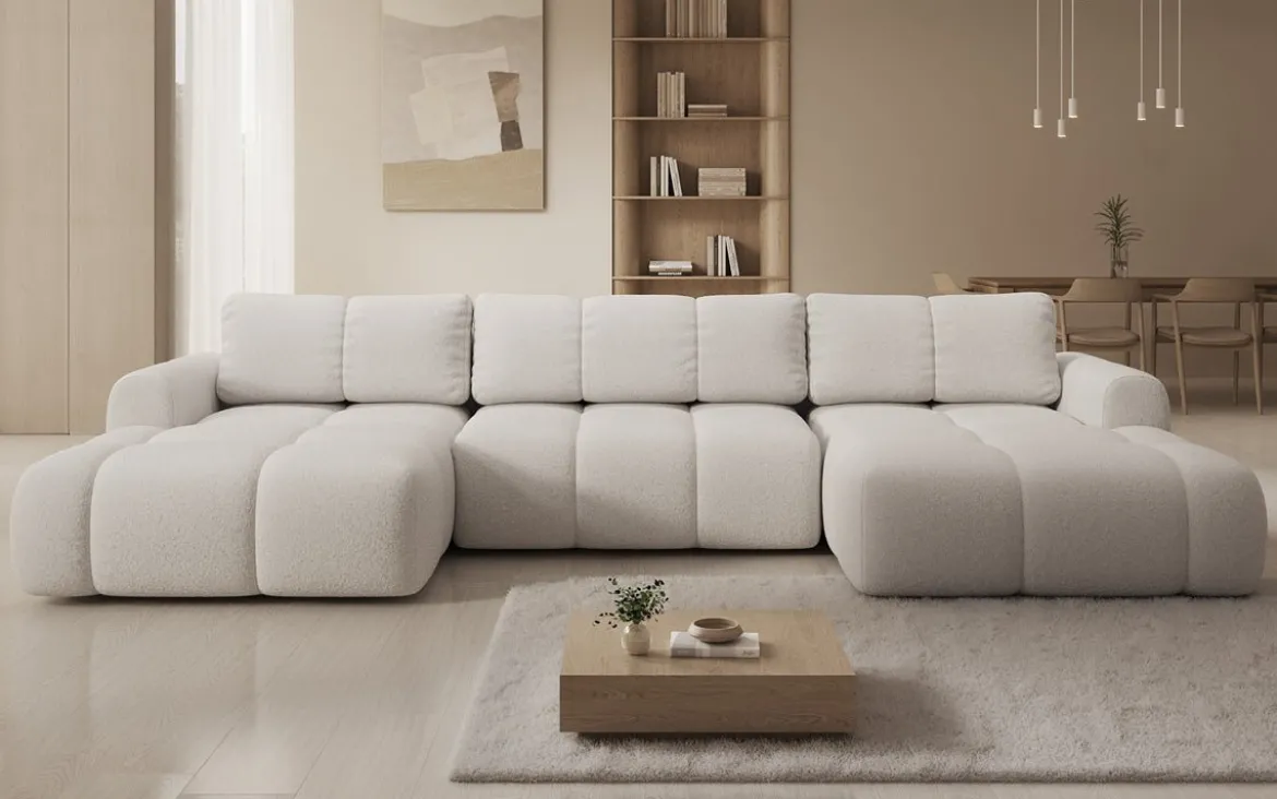 Designer Sofa Analfi U mit Schlaf- und Klappfunktion in Bouclé