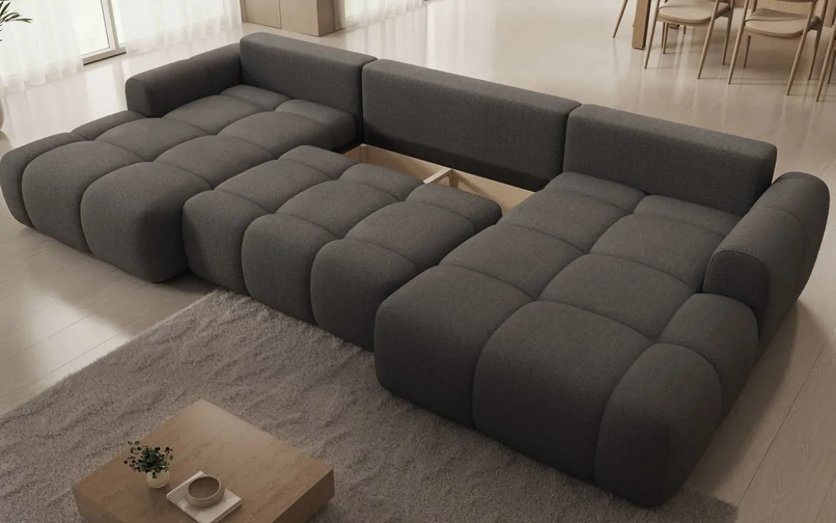 Designer Sofa Analfi U mit Schlaf- und Klappfunktion in Bouclé