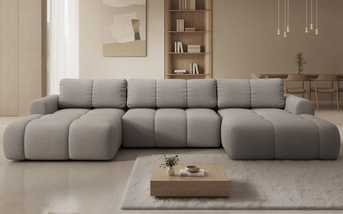 Designer Sofa Analfi U mit Schlaf- und Klappfunktion in Bouclé