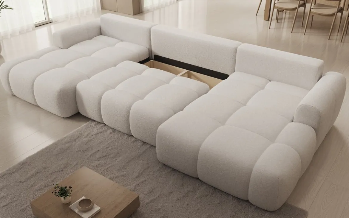 Designer Sofa Analfi U mit Schlaf- und Klappfunktion in Bouclé