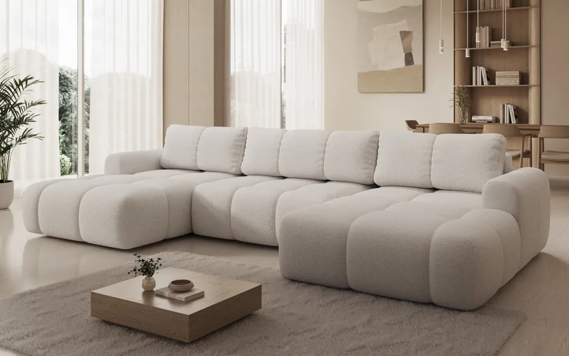 Designer Sofa Analfi U mit Schlaf- und Klappfunktion in Bouclé