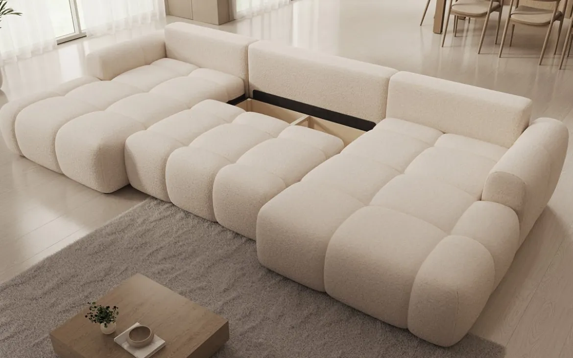 Designer Sofa Analfi U mit Schlaf- und Klappfunktion in Bouclé