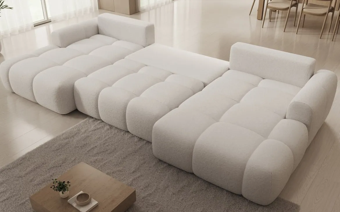Designer Sofa Analfi U mit Schlaf- und Klappfunktion in Bouclé