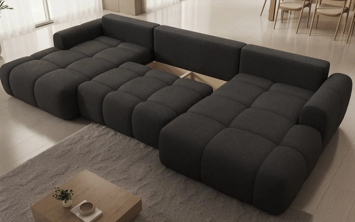 Designer Sofa Analfi U mit Schlaf- und Klappfunktion in Bouclé