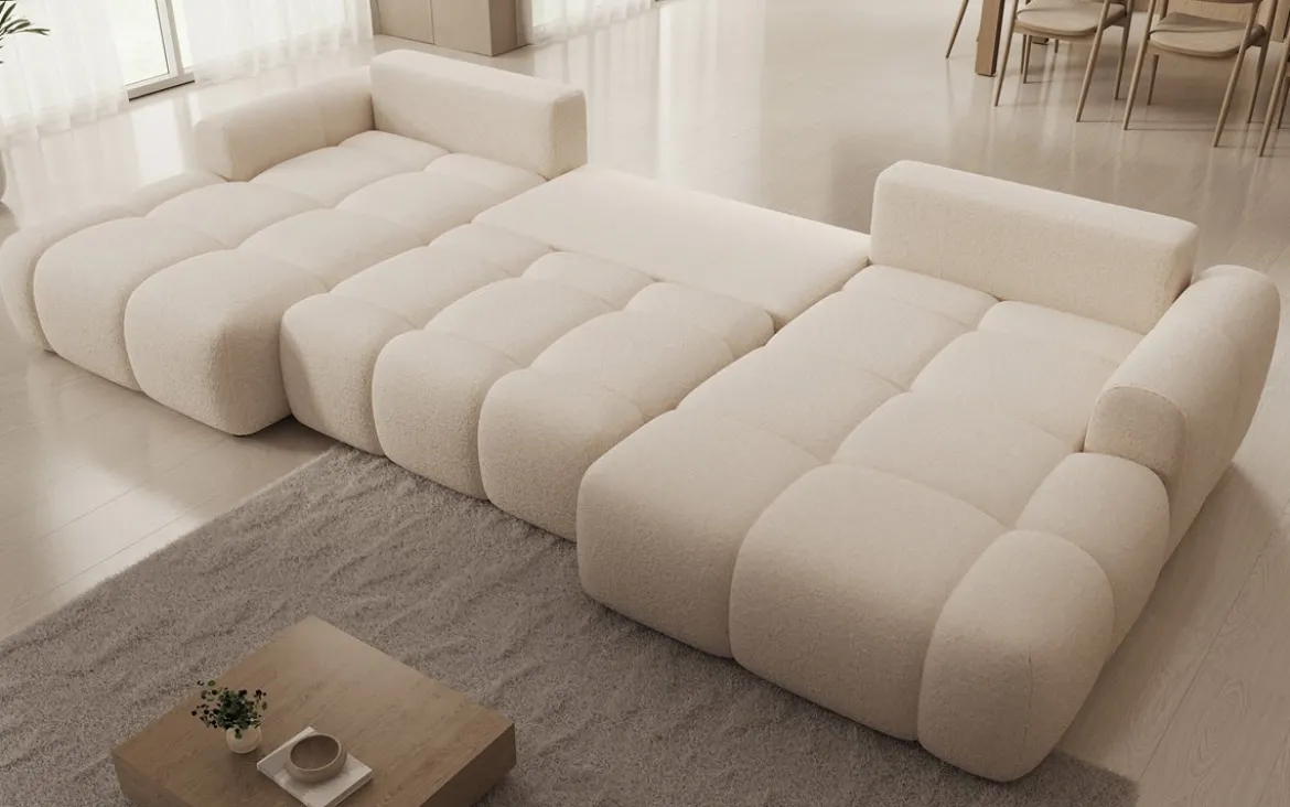 Designer Sofa Analfi U mit Schlaf- und Klappfunktion in Bouclé