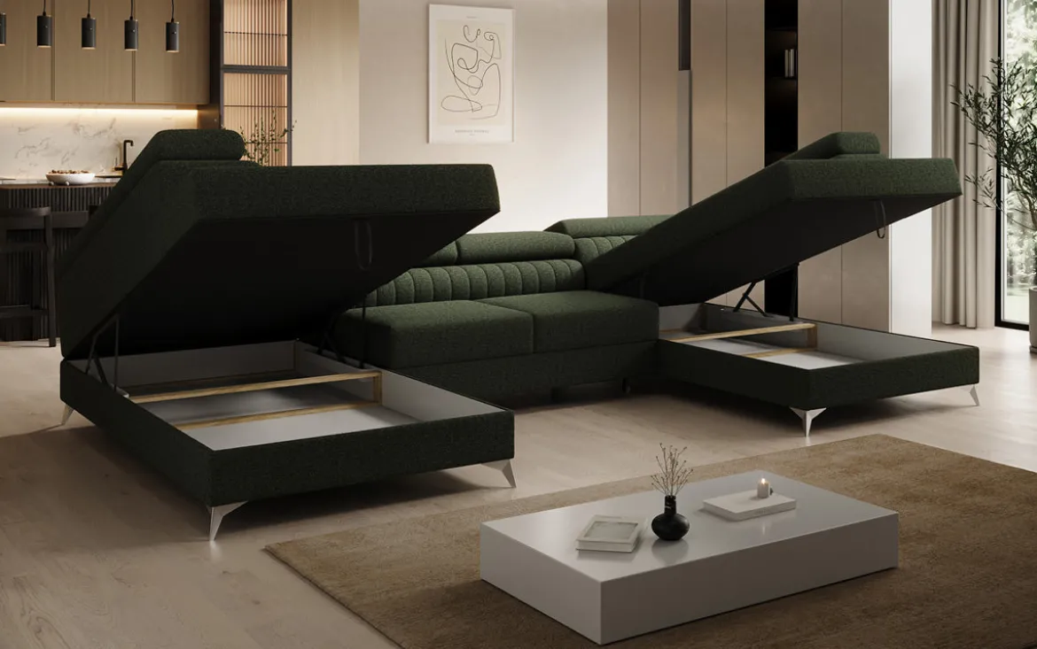 Designer Sofa Aurea U mit Schlaf- und Klappfunktion in Bouclé