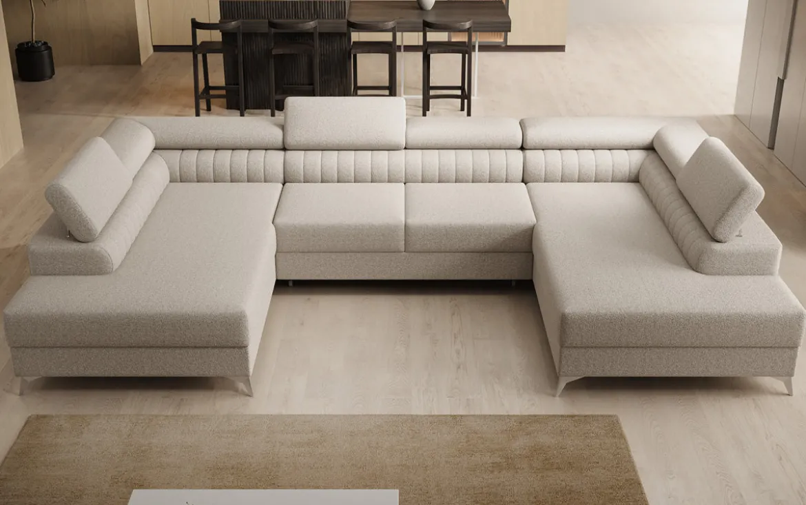 Designer Sofa Aurea U mit Schlaf- und Klappfunktion in Bouclé