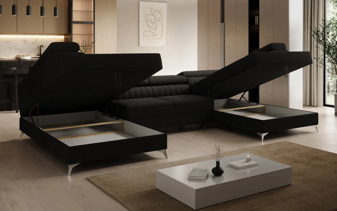 Designer Sofa Aurea U mit Schlaf- und Klappfunktion in Bouclé
