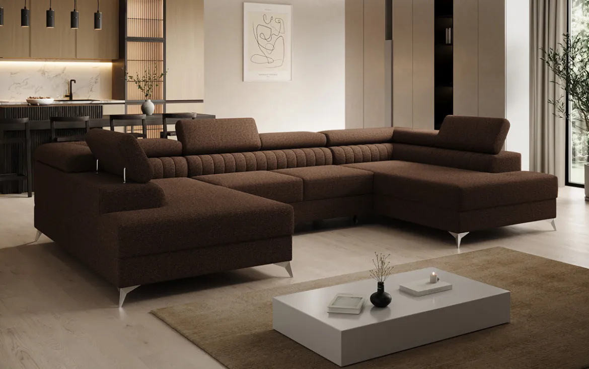 Designer Sofa Aurea U mit Schlaf- und Klappfunktion in Bouclé