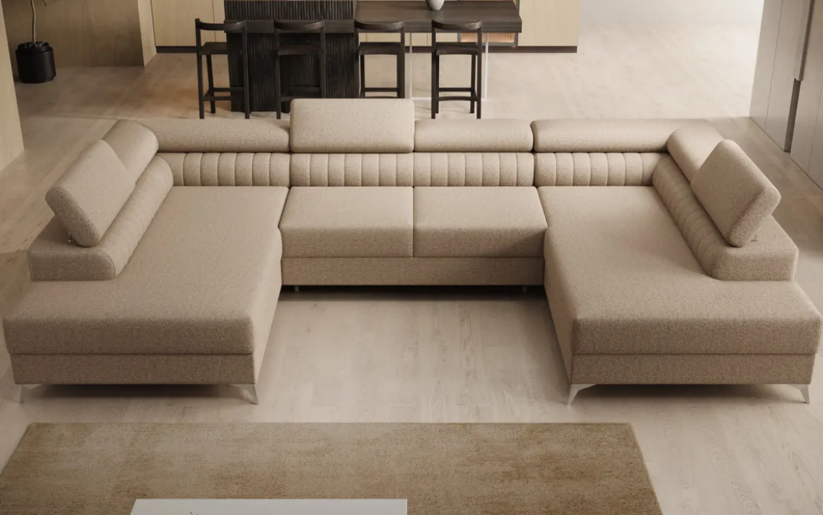 Designer Sofa Aurea U mit Schlaf- und Klappfunktion in Bouclé
