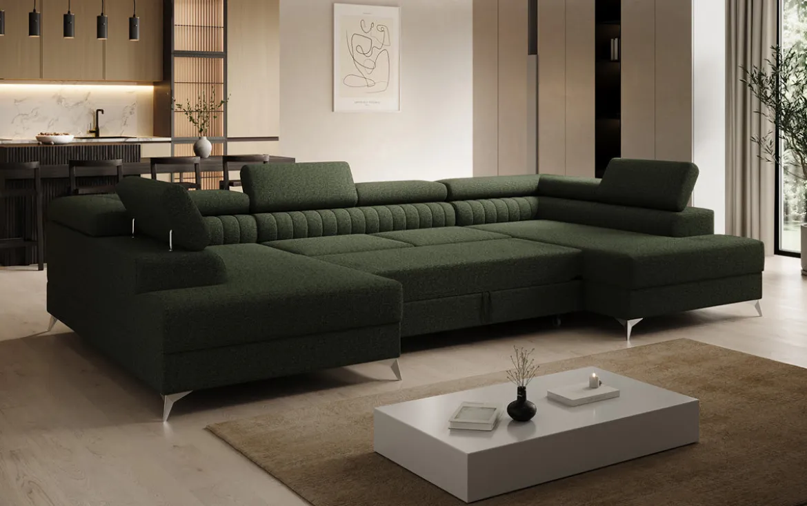 Designer Sofa Aurea U mit Schlaf- und Klappfunktion in Bouclé