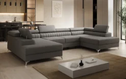 Designer Sofa Aurea U mit Schlaf- und Klappfunktion in Bouclé