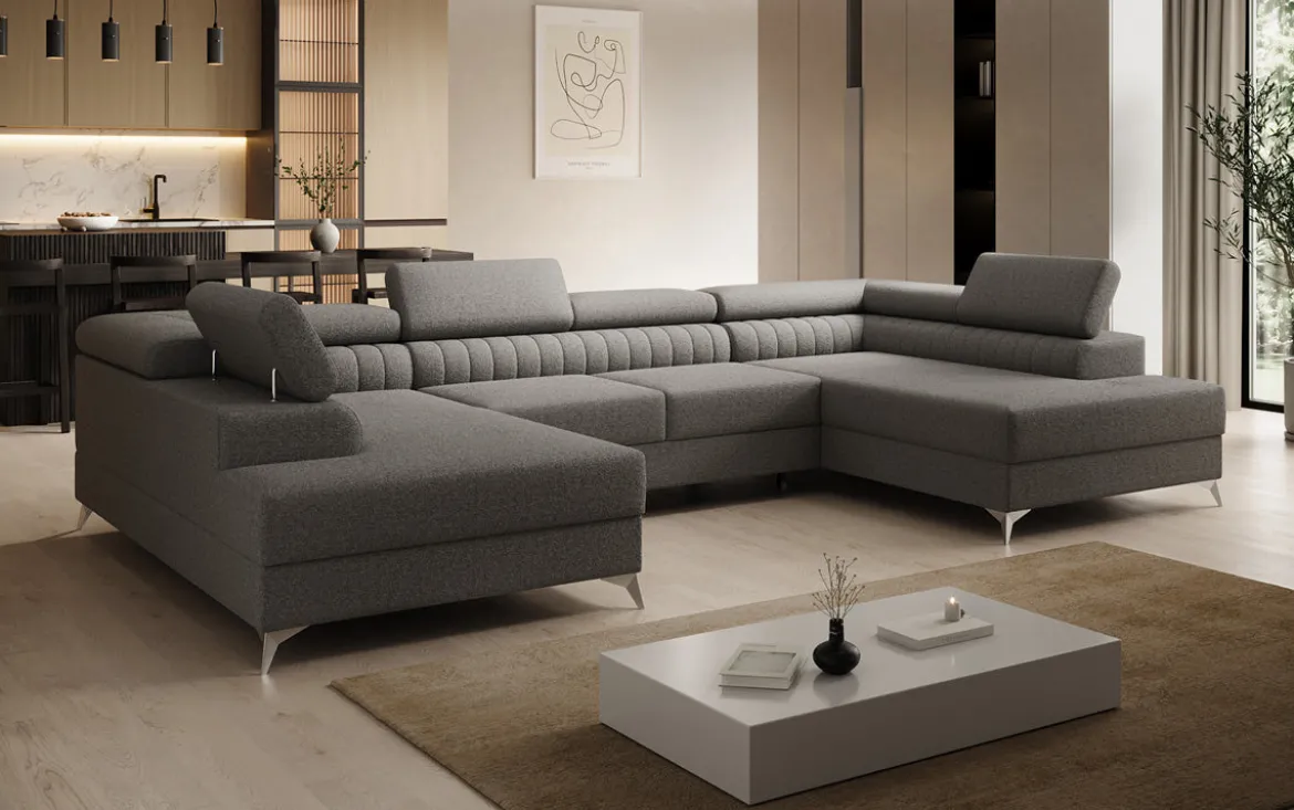 Designer Sofa Aurea U mit Schlaf- und Klappfunktion in Bouclé