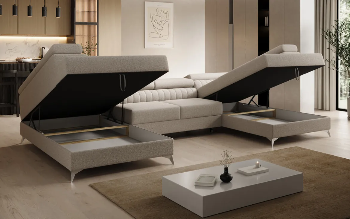 Designer Sofa Aurea U mit Schlaf- und Klappfunktion in Bouclé