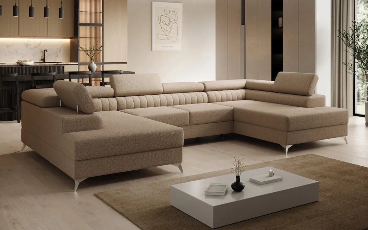 Designer Sofa Aurea U mit Schlaf- und Klappfunktion in Bouclé