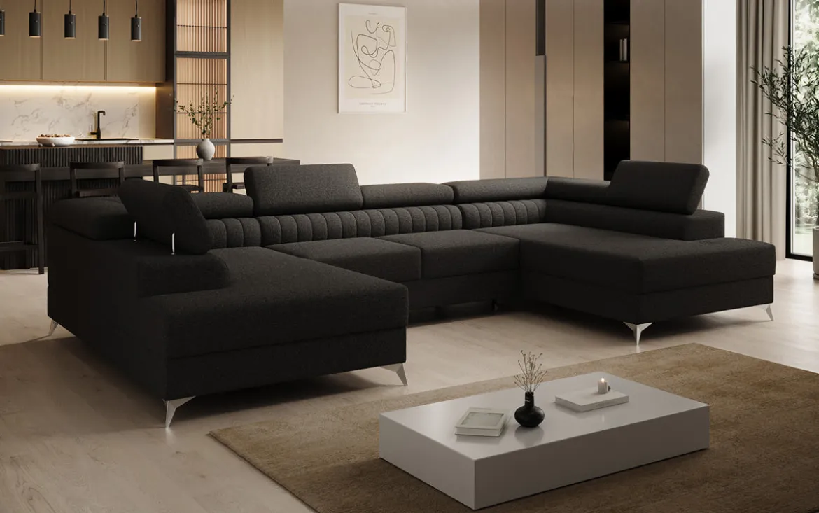 Designer Sofa Aurea U mit Schlaf- und Klappfunktion in Bouclé