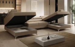 Designer Sofa Aurea U mit Schlaf- und Klappfunktion in Bouclé