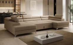 Designer Sofa Aurea U mit Schlaf- und Klappfunktion in Bouclé