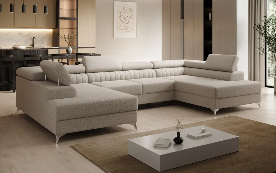 Designer Sofa Aurea U mit Schlaf- und Klappfunktion in Bouclé