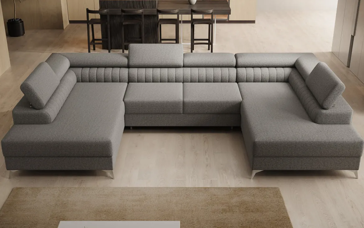 Designer Sofa Aurea U mit Schlaf- und Klappfunktion in Bouclé