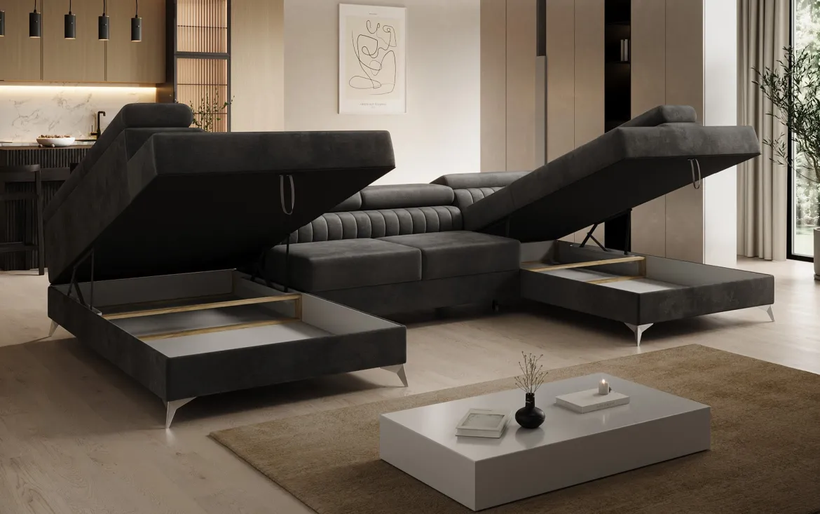 Designer Sofa Aurea U mit Schlaf- und Klappfunktion in Samt