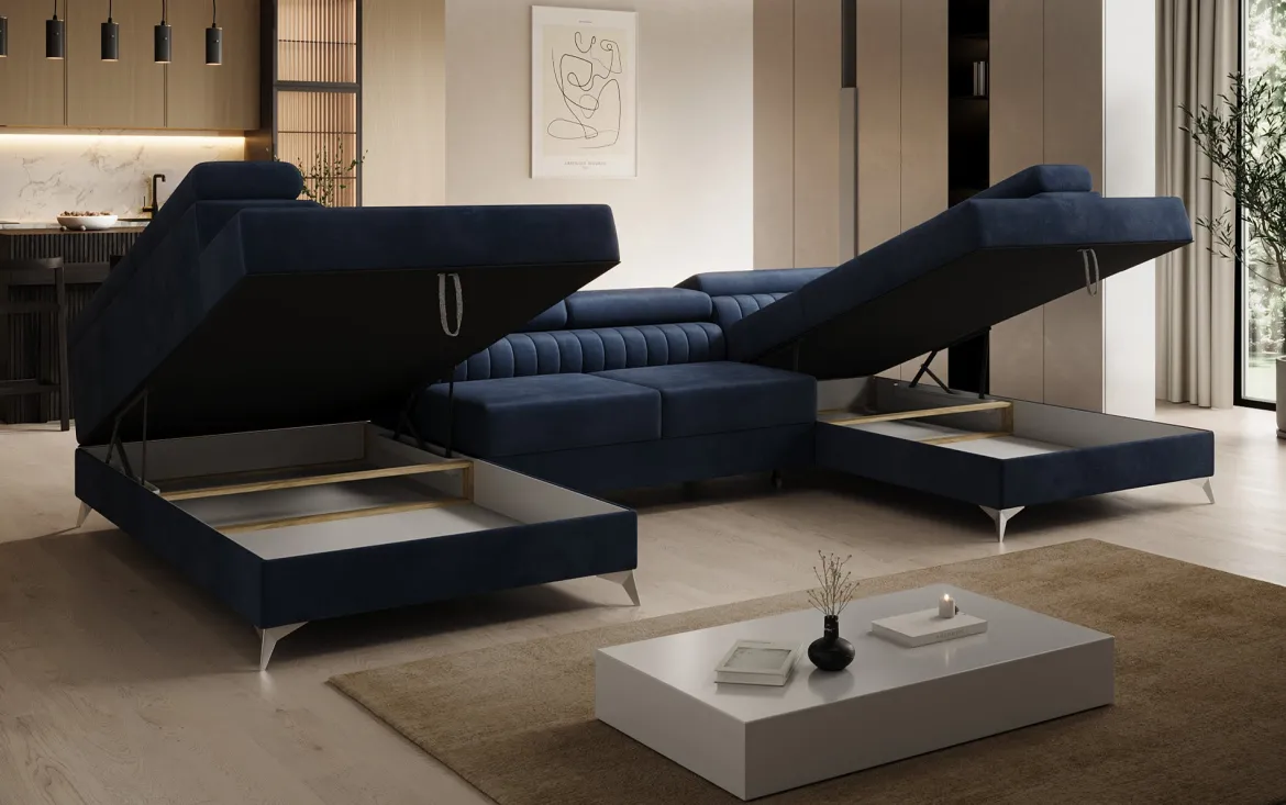 Designer Sofa Aurea U mit Schlaf- und Klappfunktion in Samt